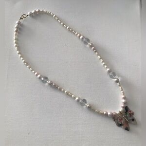 White Pink Faux Pearl Beaded Butterfly Multi Colored Pendant Necklace 24”
